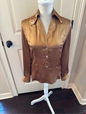 Zanella Bronze Gold Silk V-Neck Button-Front Blouse
